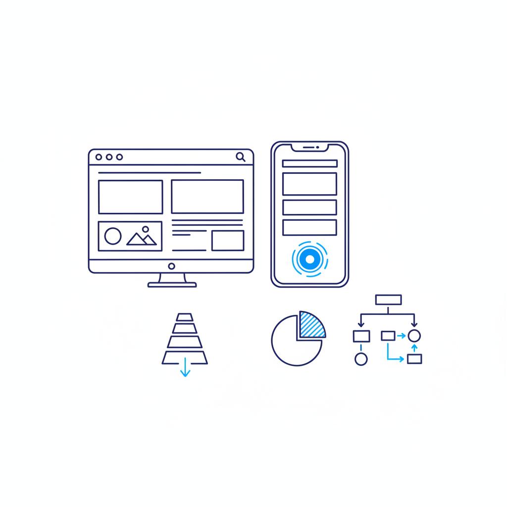 2D vector close-up of a website wireframe sketch showing mobile layout and a highlighted CTA in navy #39383f with bright blue #1a5bfb accents on white &mdash; best dental marketing companies 2025