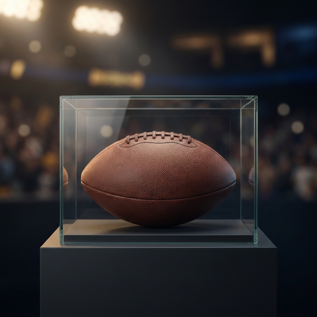 Close up of a football in a clear protective display case with stadium backdrop out of focus minimalist Funded Plays product shot nfl picks point spread