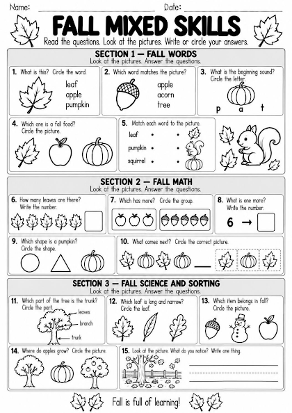Fall Mixed Skills Worksheet