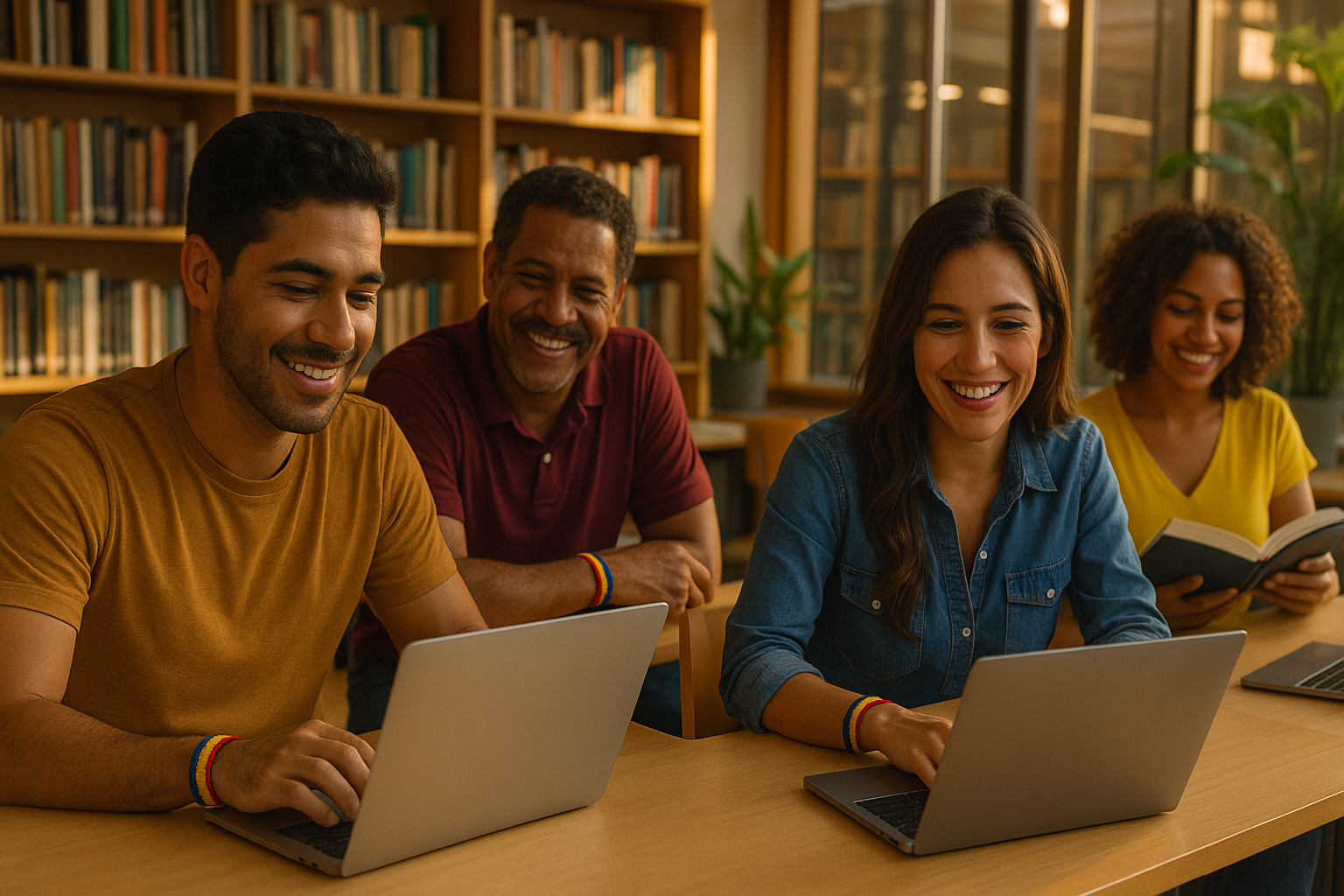 Venezolanos estudiando y conversando en una biblioteca pública moderna