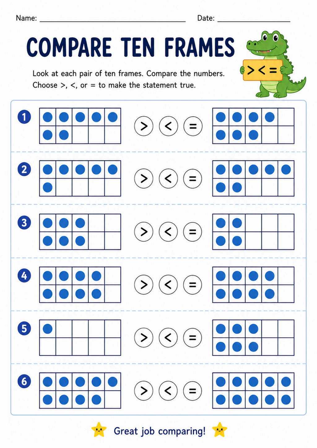Compare Ten Frames Worksheet