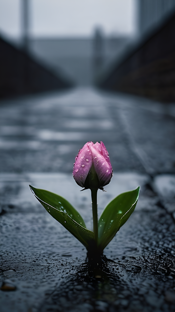 Pink Tulip Blooming on Rainy Urban Pavement - Free mobile Wallpaper