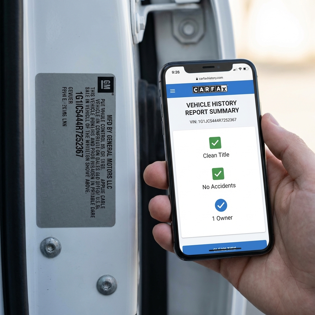 Close up of a car VIN plate and a smartphone showing a minimalist vehicle history report summary in CarFax Deals colors white and blue for kelley blue book used cars