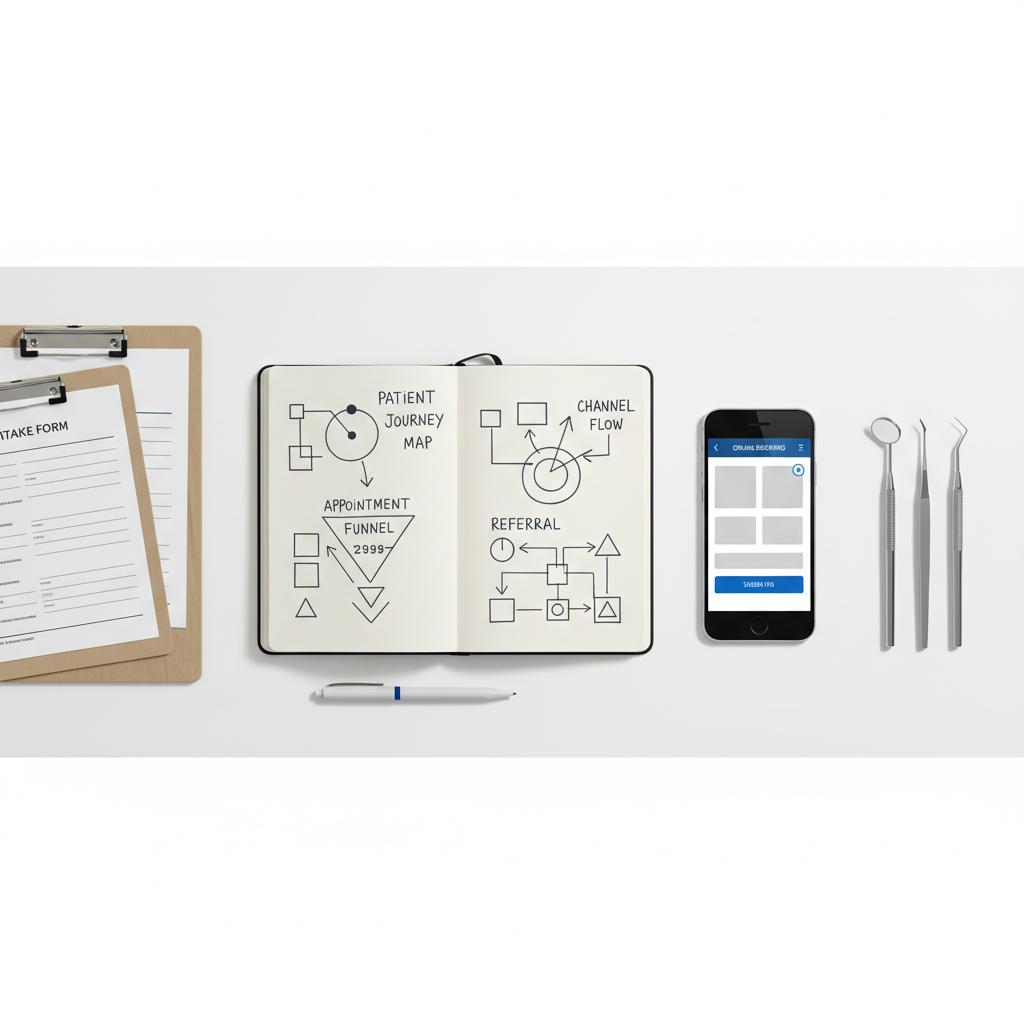 Top-down dentist desk with notebook sketches of a dental marketing plan, clipboard and intake forms, smartphone booking UI, and dental tools to advertise my dental services
