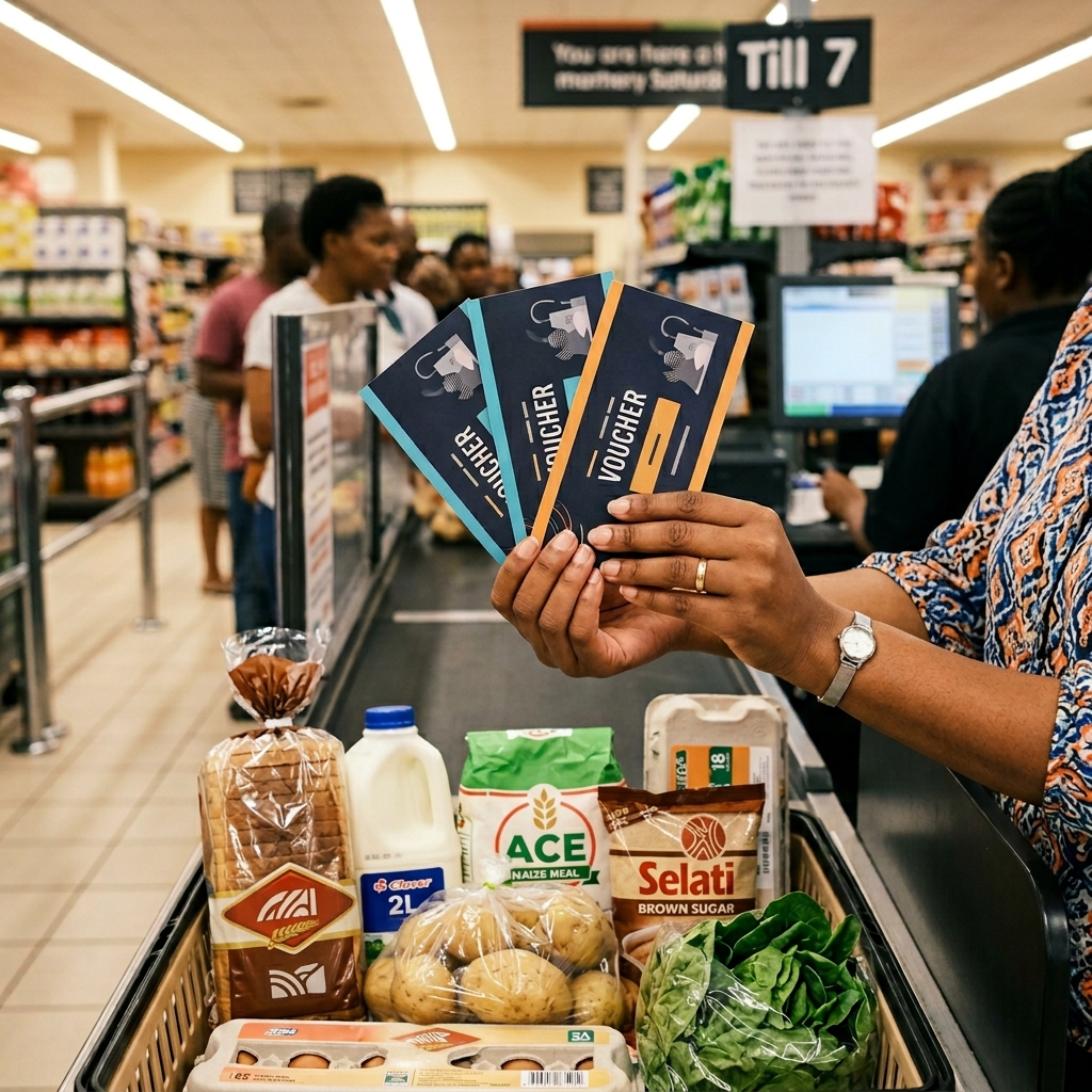 Hands holding Money Plug grocery vouchers at a Boksburg supermarket checkout