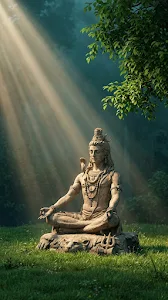 Lord Shiva Meditating Under Green Tree Canopy with Sunbeams