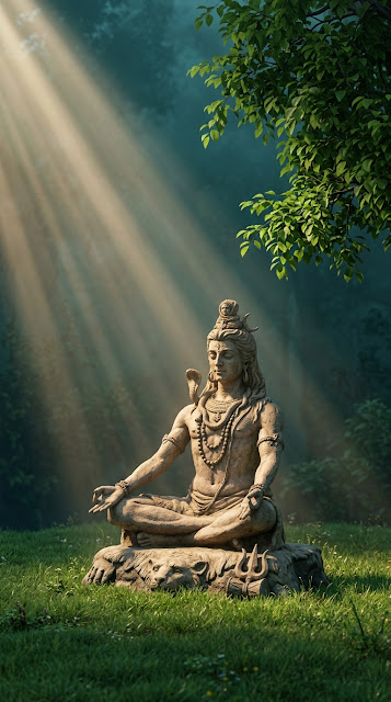 Lord Shiva Meditating Under Green Tree Canopy with Sunbeams - Free mobile Wallpaper