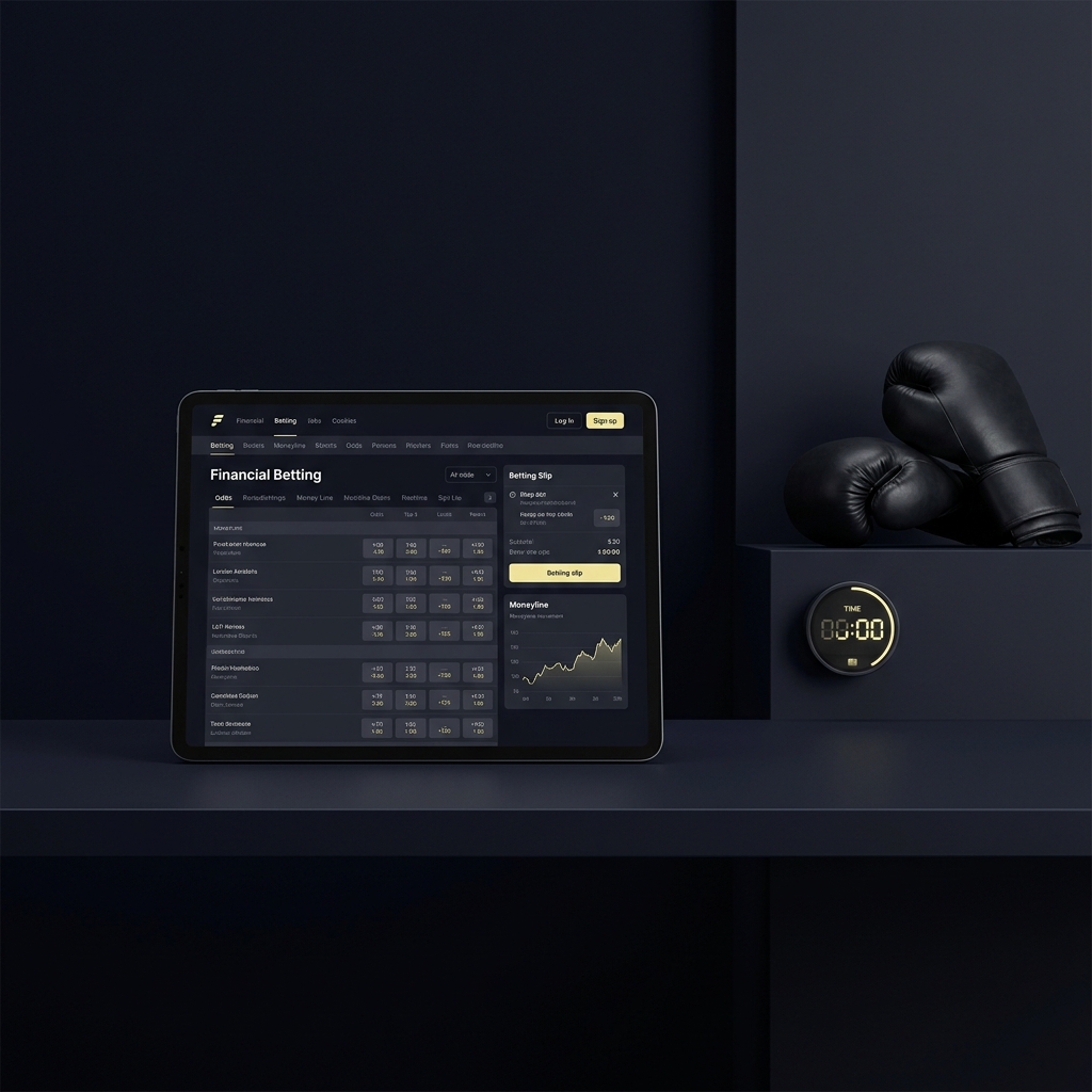 Minimal Funded Plays style betting dashboard with boxing gloves and round timer illustrating Trading Boxing Moneylines and Round Props on a dark brand colored background