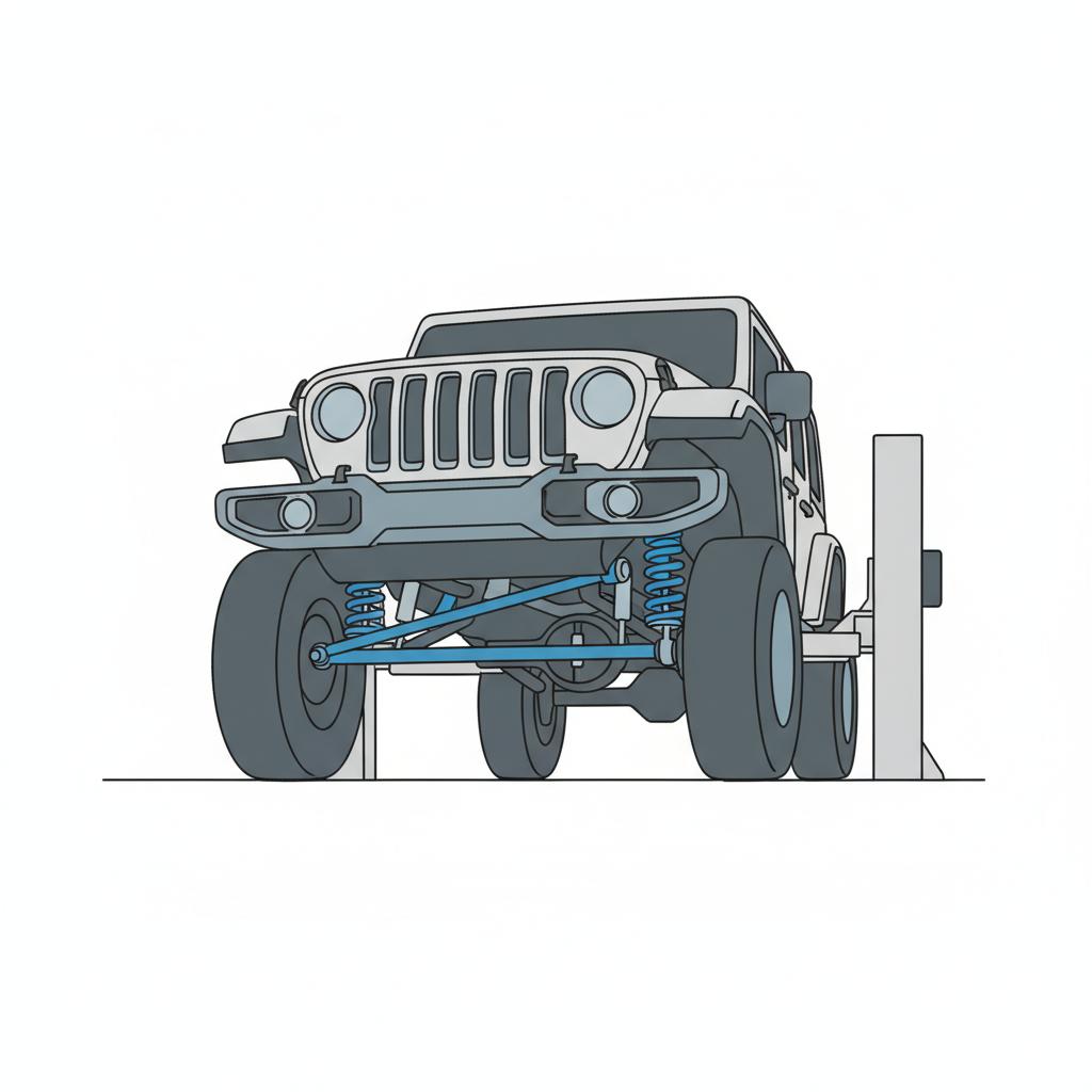 Minimalist 2D vector of a lifted Jeep undercarriage showing suspension components on white background with blue accents used jeeps for sale near me