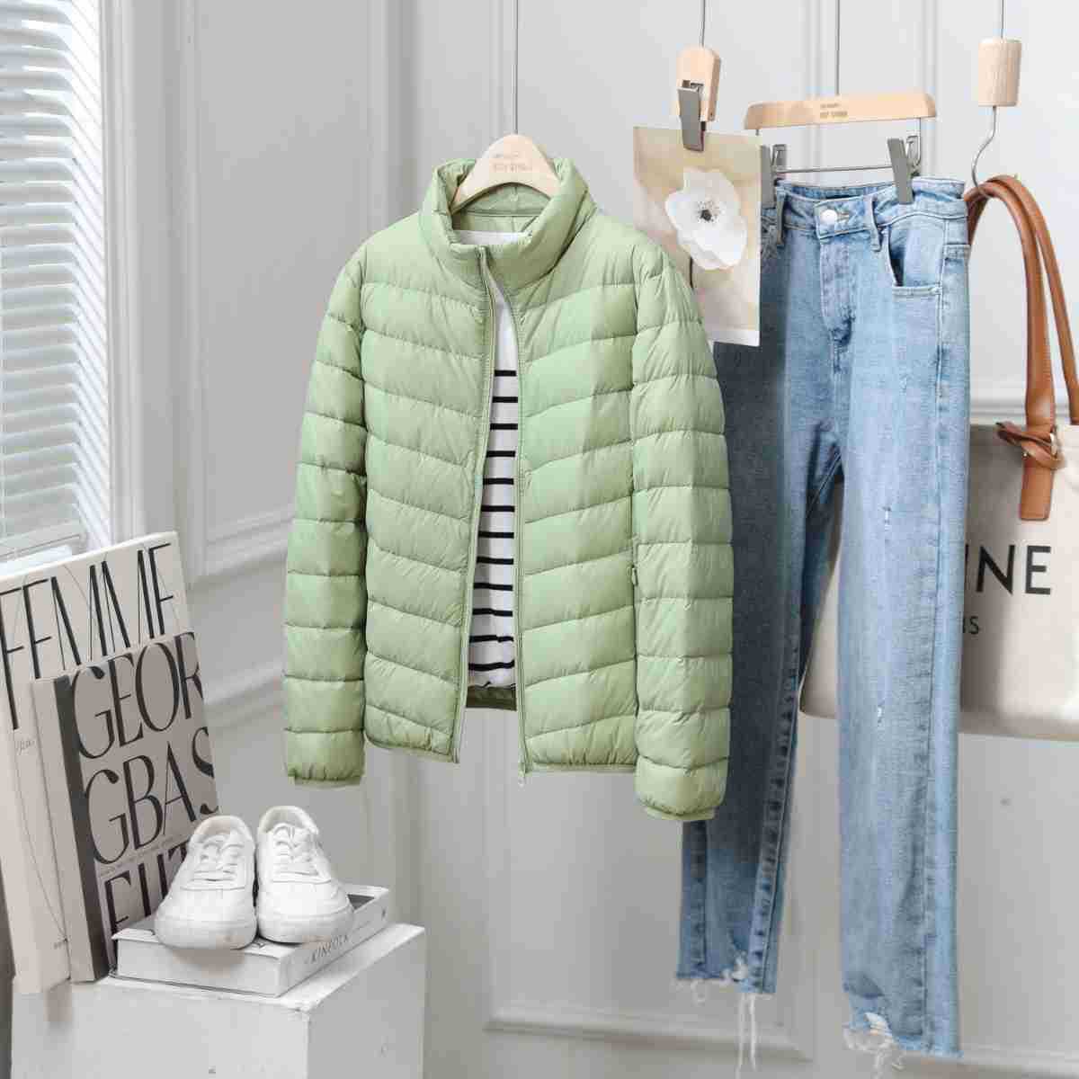 Lightweight women's down jacket with standing collar, white duck down
