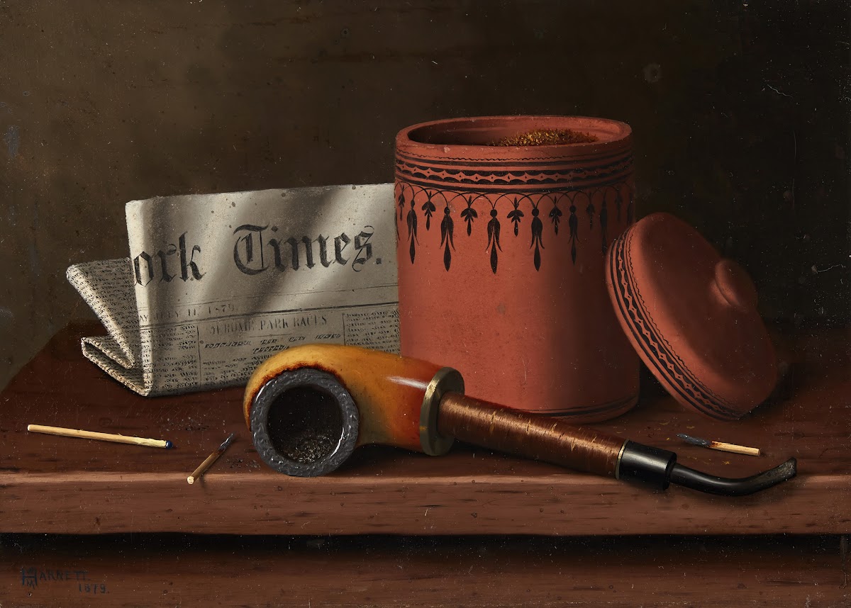 Still Life with New York Times Tobacco Jar Pipe and Matches 1879