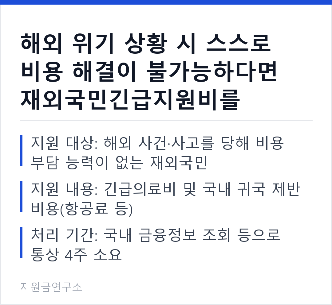 해외 위기 상황 시 스스로 비용 해결이 불가능하다면 재외국민긴급지원비를 신청하세요. 지원 대상: 해외 사건·사고를 당해 비용 부담 능력이 없는 재외국민 지원 내용: 긴급의료비 및 국내 귀국 제반 비용(항공료 등)