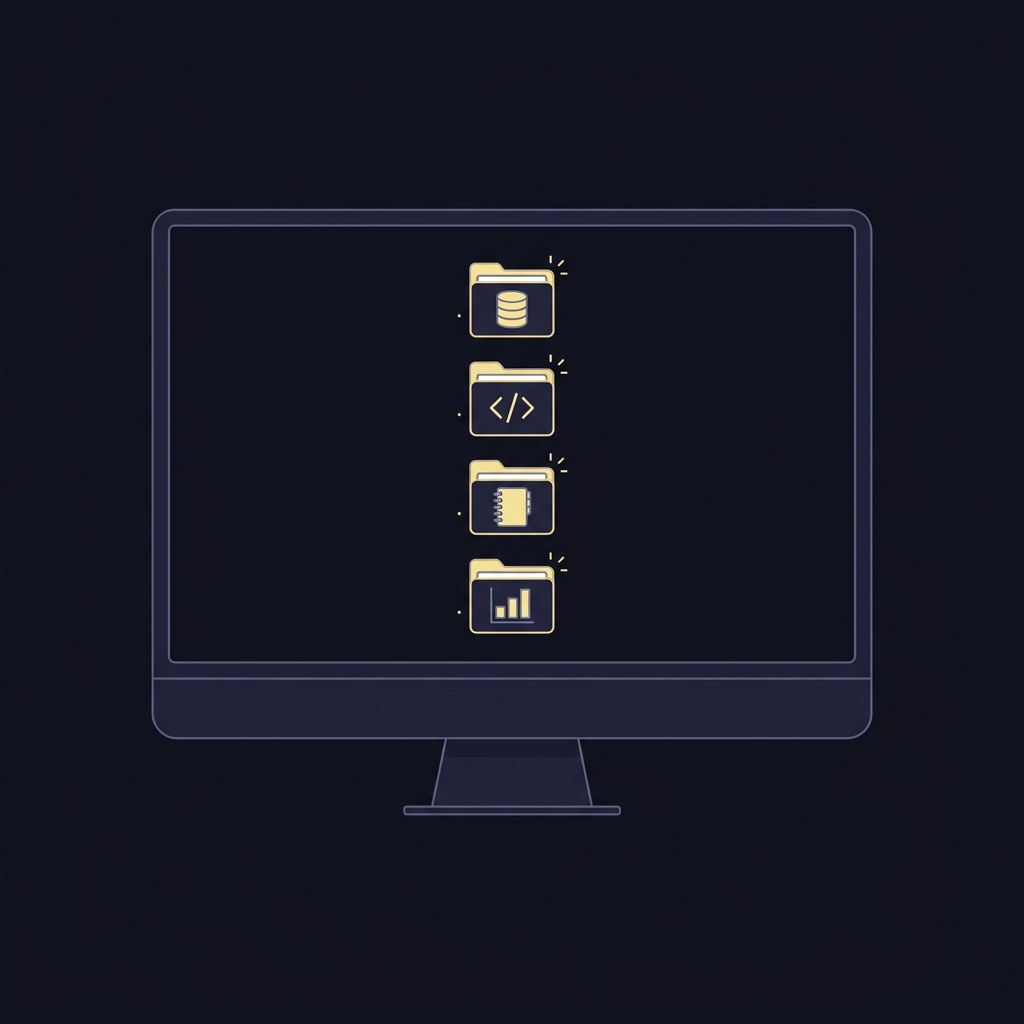 Minimalist 2D vector monitor showing a simple project folder tree with icons for data source notebooks and results for a beginners sports analytics toolkit