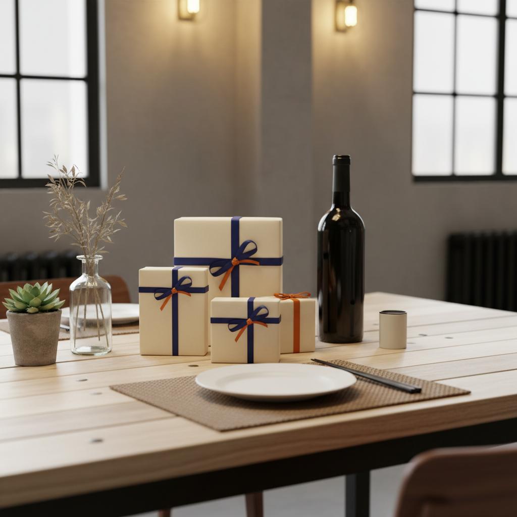 Detailaufnahme eines Esstisches mit Geschenkverpackungen und Weinflasche, warmes Licht, industrieller Charme, natürliche Dekoration – Wein als Geschenk steuerlich absetzbar