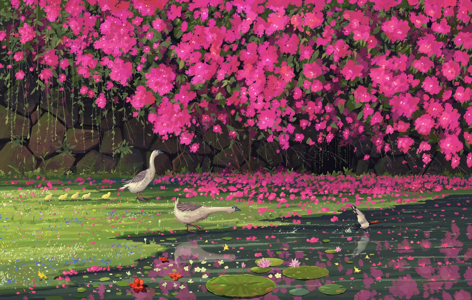 Geese Near Pink Flower Wall - Digital Painting 4K Wallpaper (4124x2626)