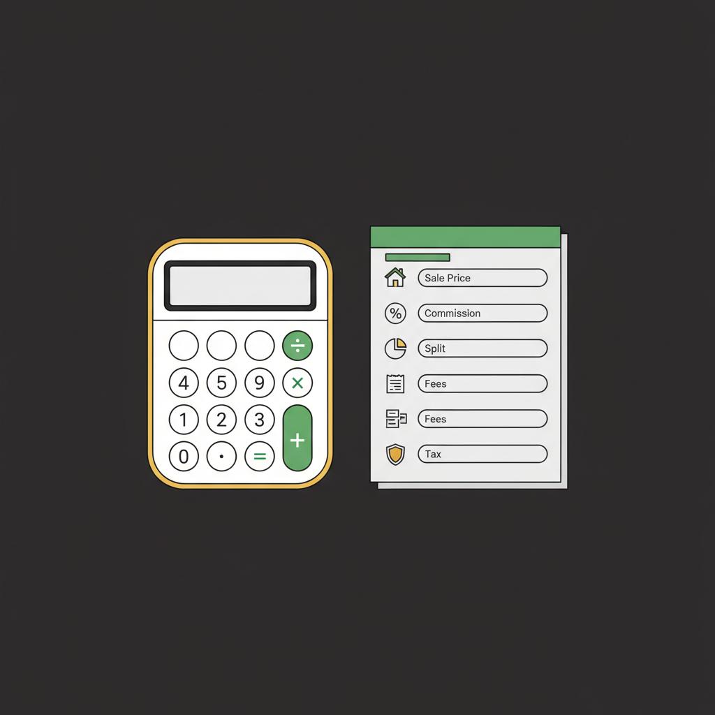 Flat 2D vector calculator and notepad with iconized assumption fields for sale price commission split fees tax on a dark background how can i get started in real estate