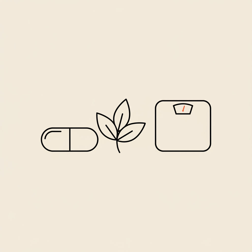 Tonum-style vector line illustration of a capsule, leaf and small scale on beige background for weight management, PhenQ vs Ozempic