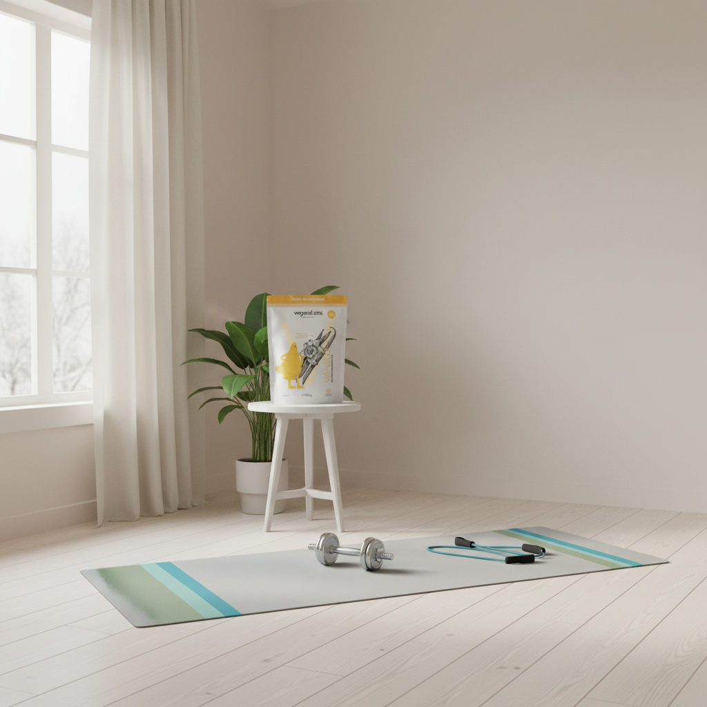 Minimalistisches Wohnzimmer mit Heimtrainings-Setup für krafttraining frau: Yogamatte, Kurzhanteln, Widerstandsbänder und Topfpflanze im skandinavischen Stil bei kühlem Morgenlicht.