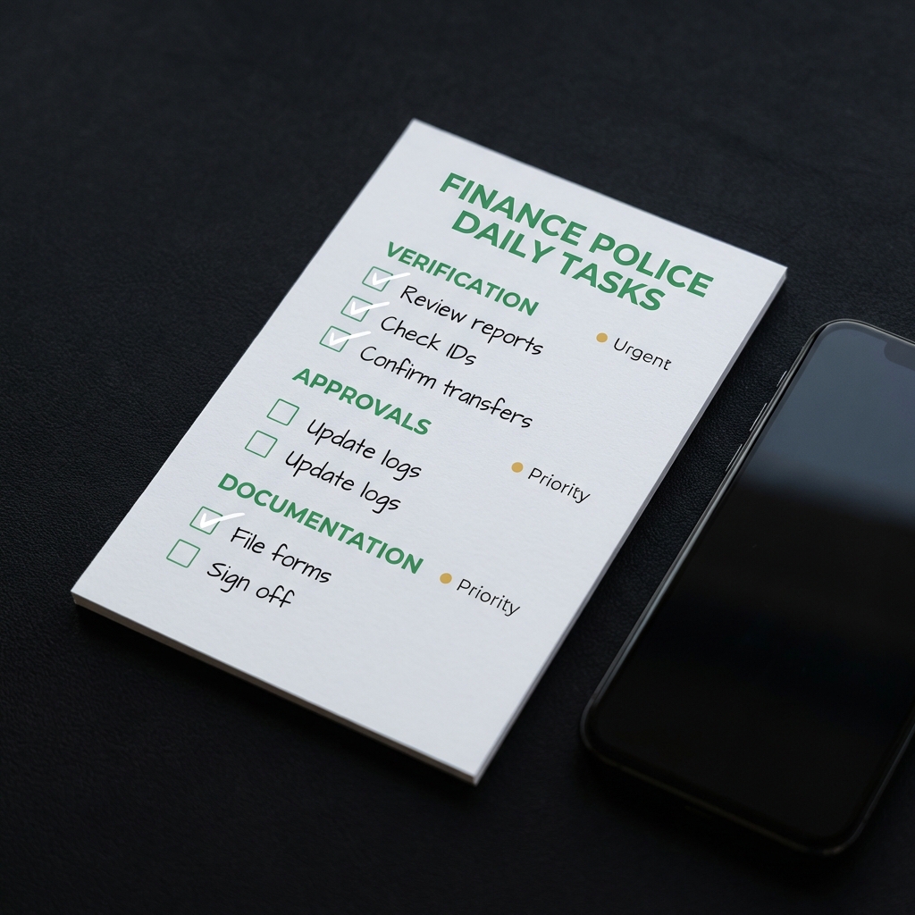 Close up of a checklist on paper beside a smartphone representing a crypto trading app decision framework in Finance Police brand colors #0f0f0f #4aa568 #e6bb5b