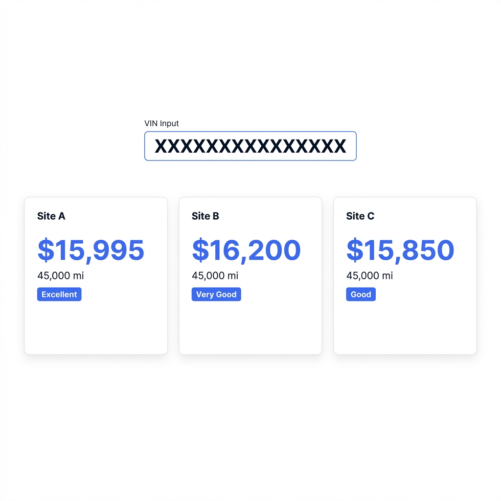 Screenshot style composite of three side by side vehicle appraisal results with centered masked VIN input field in CarFax Deals colors minimalist layout edmunds appraise my car