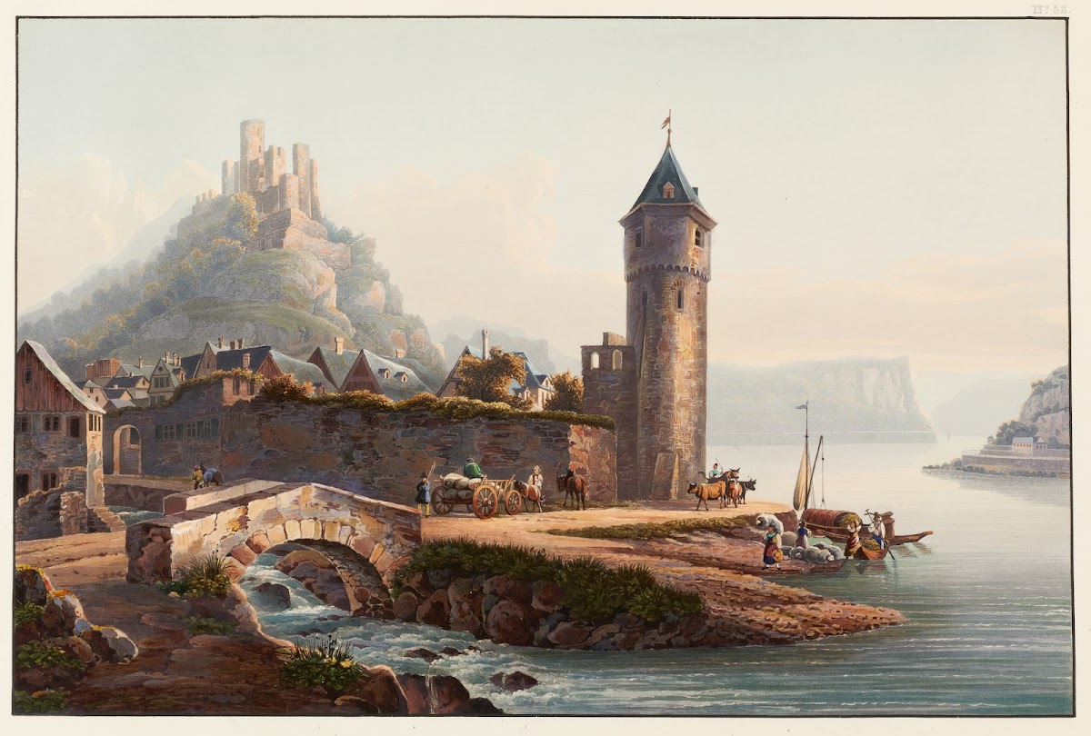 Vue de St Goarshausen et de la ruine de Katzenellenbogen