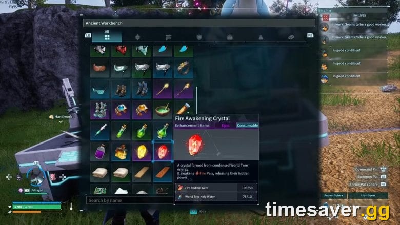 The Ancient Workbench Fire Awakening Crystal recipe in Palworld, showing 50 Radiant Gems and 10 World Tree Holy Water
