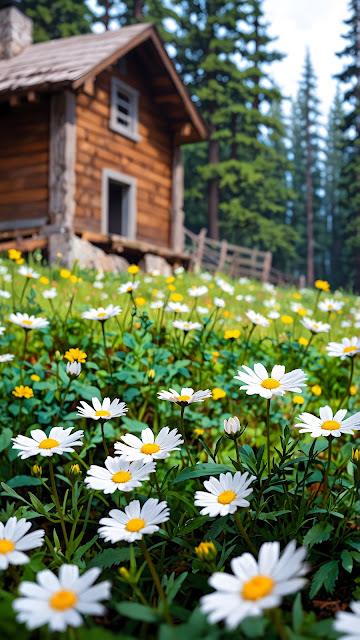 Rustic Cabin Meadow Daisies, Summer Wildflower Field View - Free mobile Wallpaper