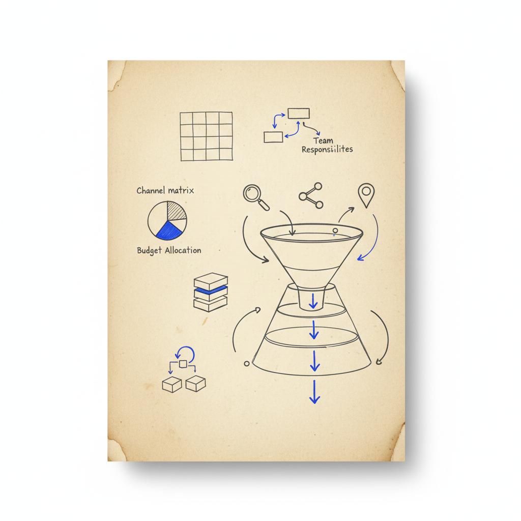 Notebook-style sketch of a multi-channel funnel with hand-drawn search, social and local listing icons and conversion arrows on slightly aged paper &mdash; lead generation platforms comparison