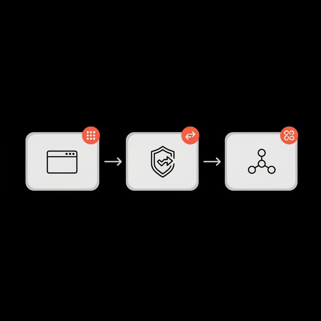 Minimal 2D vector decision flow infographic with browser, shield, and connected-nodes icons showing one-off, few, and many lookups to find Instagram user ID on a dark background