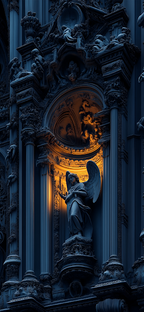 Angel Statue Illuminated in Ornate Gothic Niche - Free mobile Wallpaper