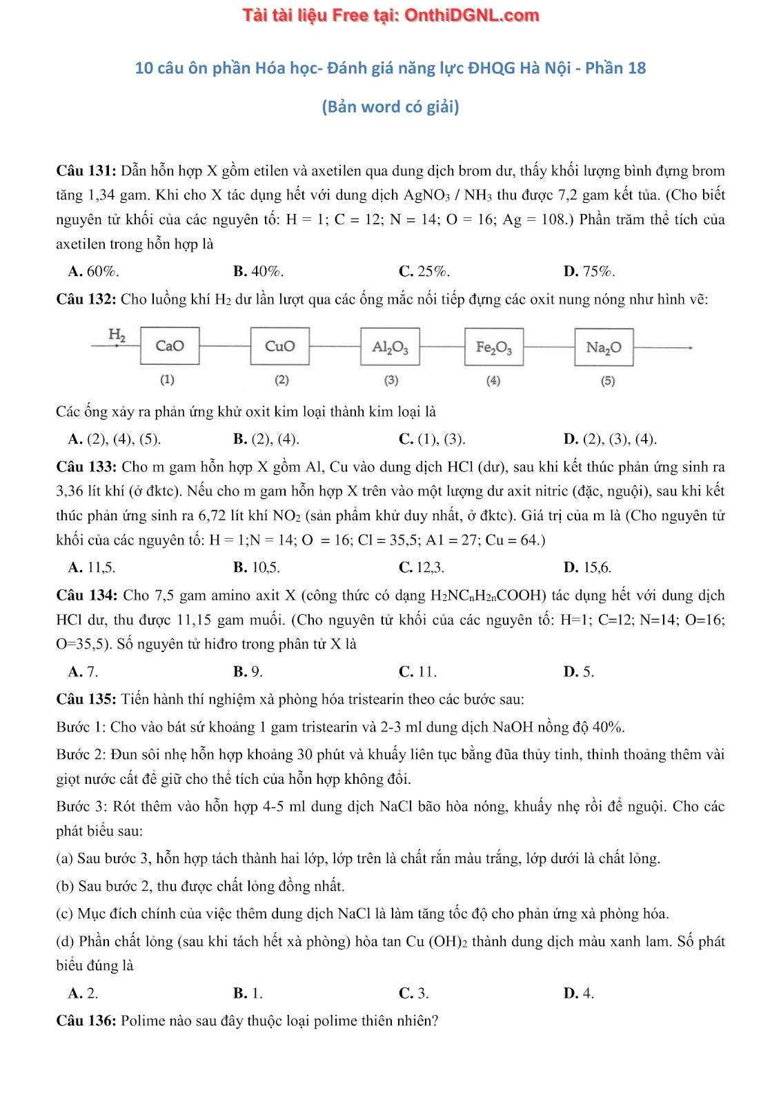 260 bài tập môn Hóa học - Ôn thi ĐGNL ĐHQG Hà Nội Phần 18