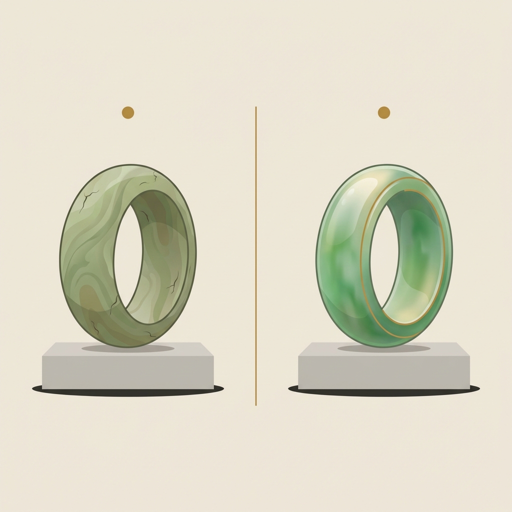 Side by side 2D vector comparison of an ancient jade ring fragment untreated matte natural green and a treated dyed fragment with subtle glossy finish and warm gold accent