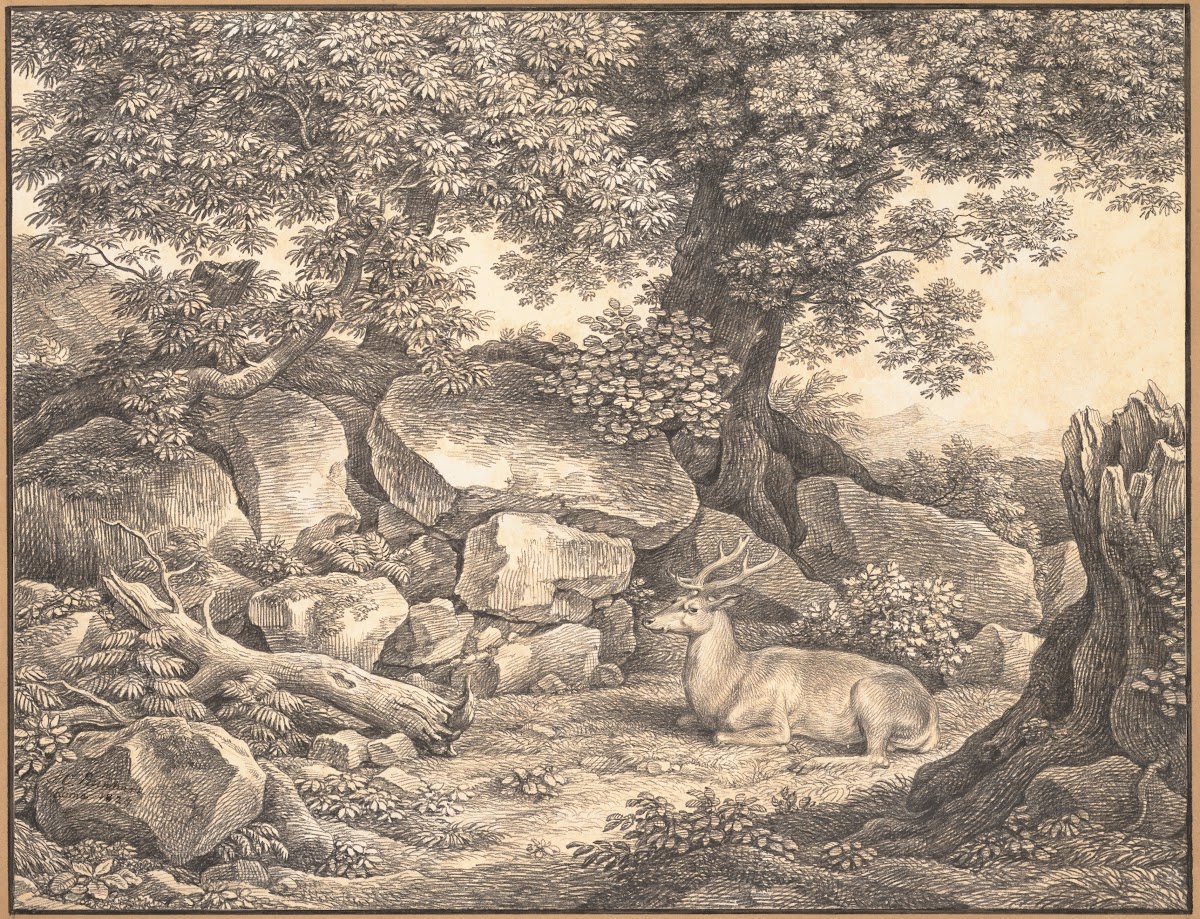 Italian Landscape with Trees Rocks and a Resting Deer 1824