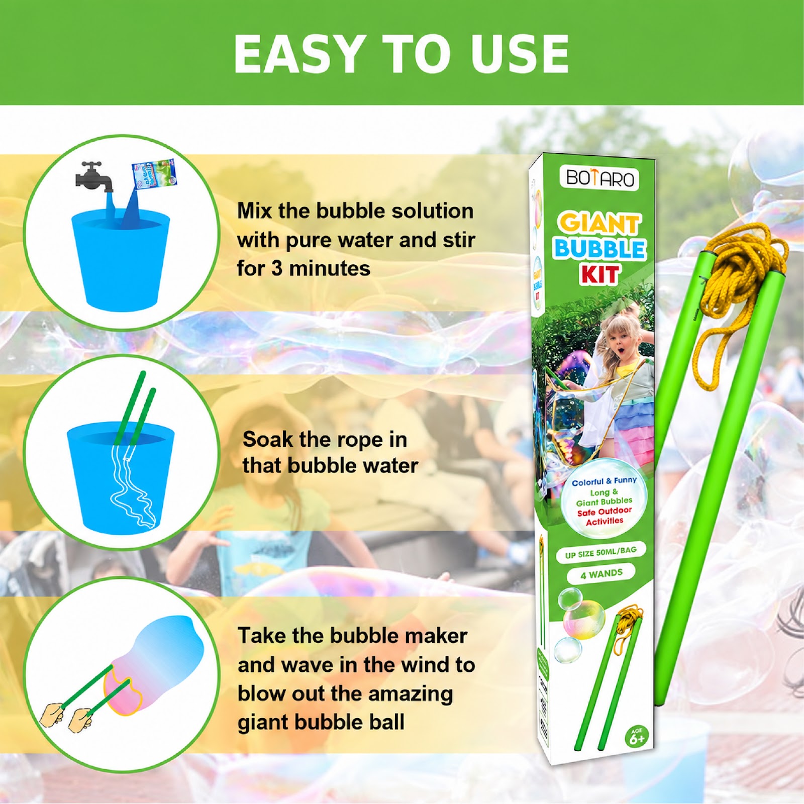 8PCS Giant Bubble Wands Kit, Giant Bubble Maker Set with 4 Wands and 4 Bubble Concentrate Packets, Outdoor Bubble Toys for Kids, Birthday Party, Beach and Backyard Fun view 4