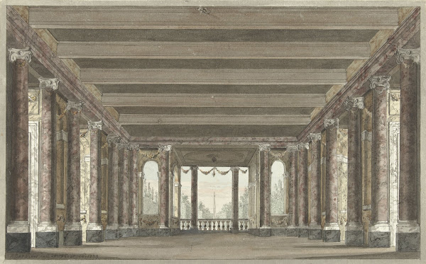 Ontwerp voor een toneeldecor van een zuilengalerij met loggia 1779
