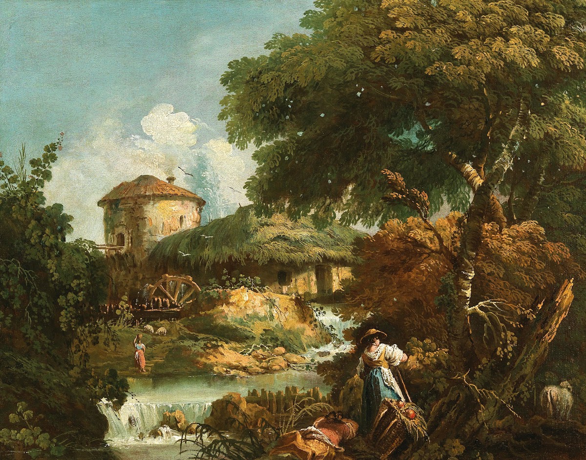 A river landscape with figures a watermill beyond