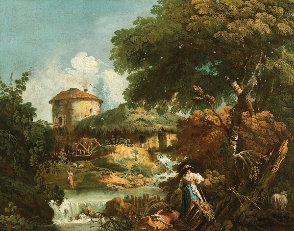 A river landscape with figures a watermill beyond