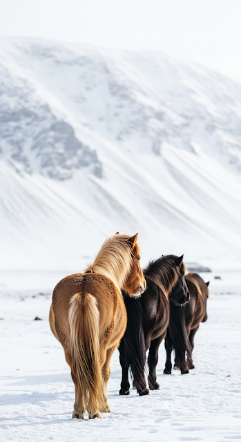 Vertical Photo of Wild Icelandic Horses in a Snowy Winter Landscape with Mountains - Free mobile Wallpaper