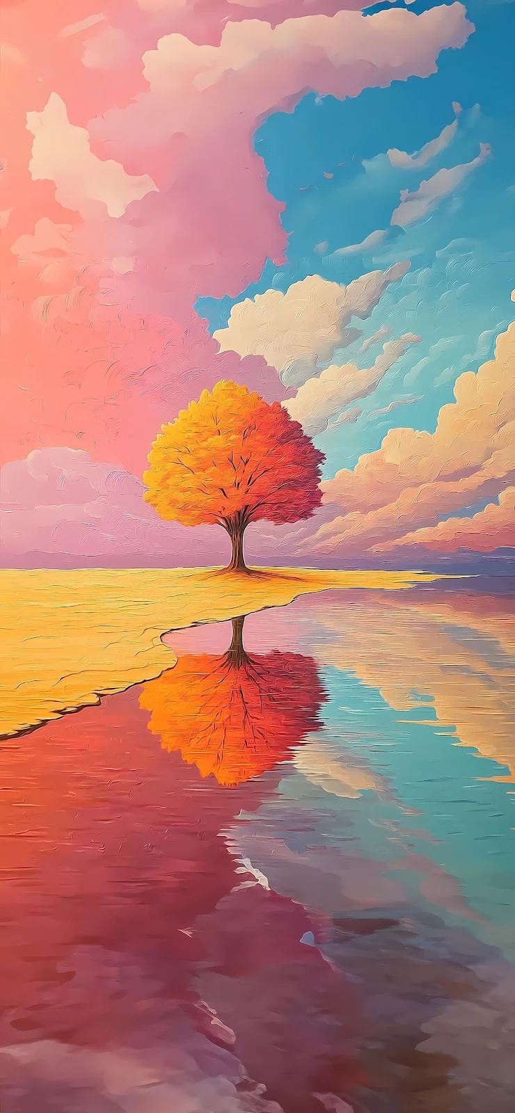 Lone Tree in Pastel Landscape - Digital Illustration Full HD iPhone Wallpaper (1284x2778)