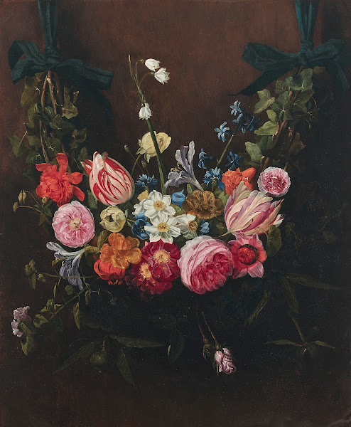 A garland of flowers with tulips daffodils lilies of the valley suspended from r