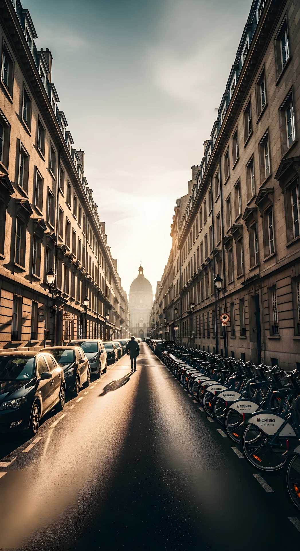 Sunny Morning on a Narrow European City Street with Bicycles and Pedestrian - Free 4K mobile Wallpaper