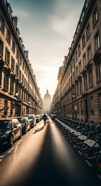 Sunny Morning on a Narrow European City Street with Bicycles and Pedestrian - Free mobile Wallpaper