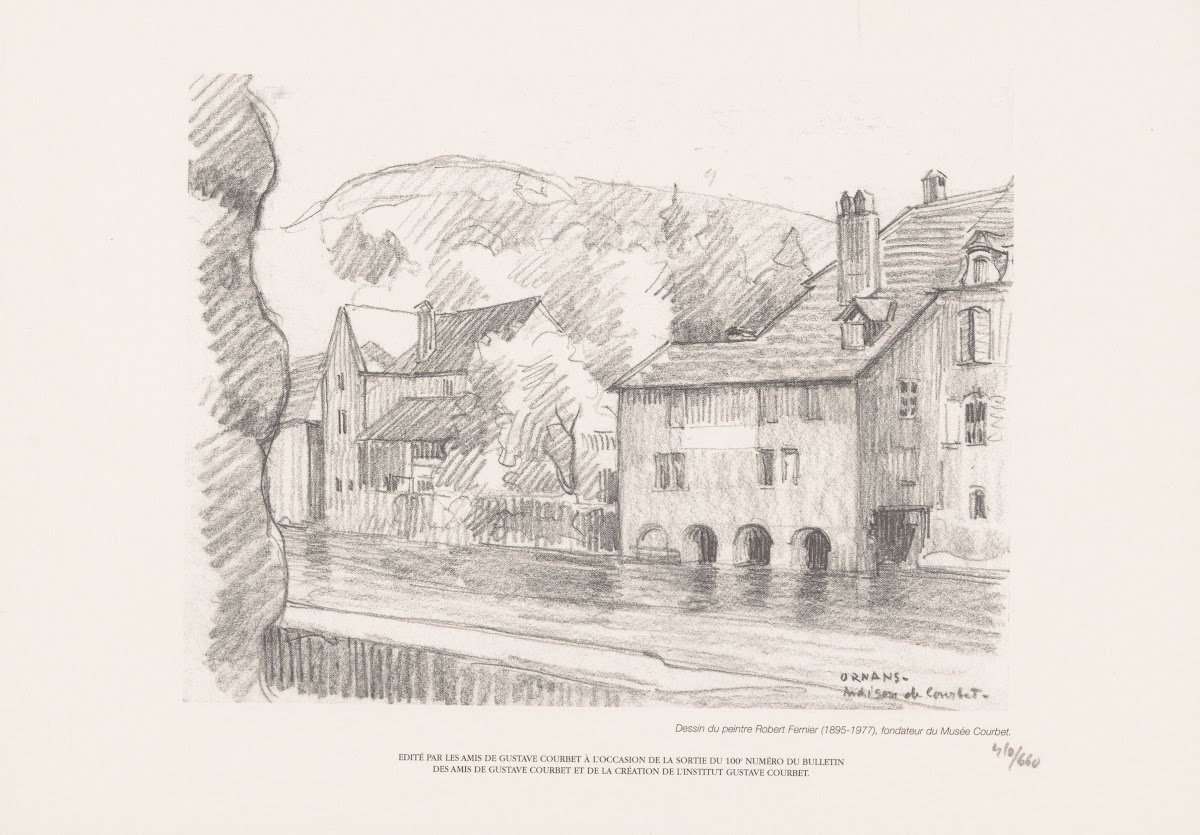 Reproductie van een tekening met het geboortehuis van Gustave Courbet 2000