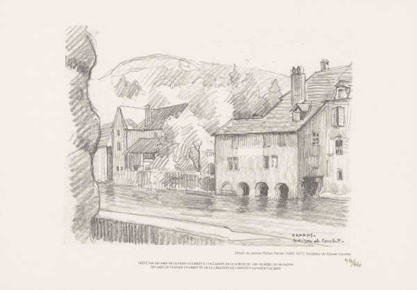 Reproductie van een tekening met het geboortehuis van Gustave Courbet 2000