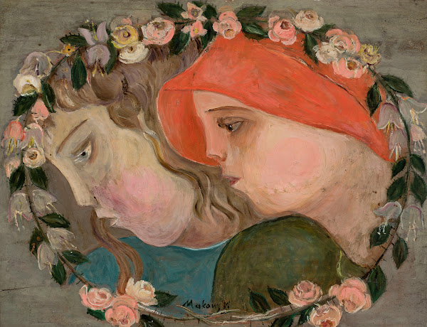 Two heads of little girls in a garland of flowers 1922