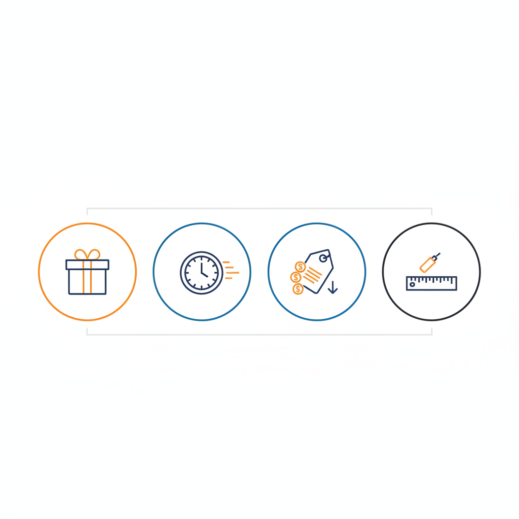 Minimalistische 2D-Vektor-Infografik mit Geschenk-, Expressuhr-, Preisschild- und Gravurlineal-Icons für Nikolausgeschenke für ihn.