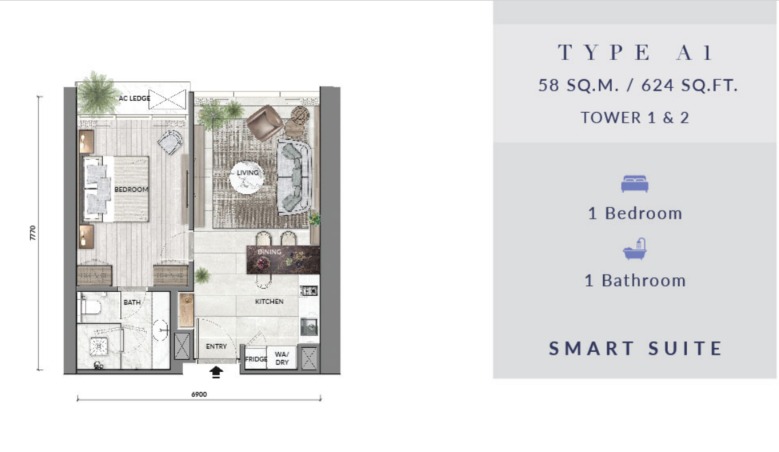 Core Residence @ TRX Type A1 floor plan — 758 sq ft, 2 bedrooms