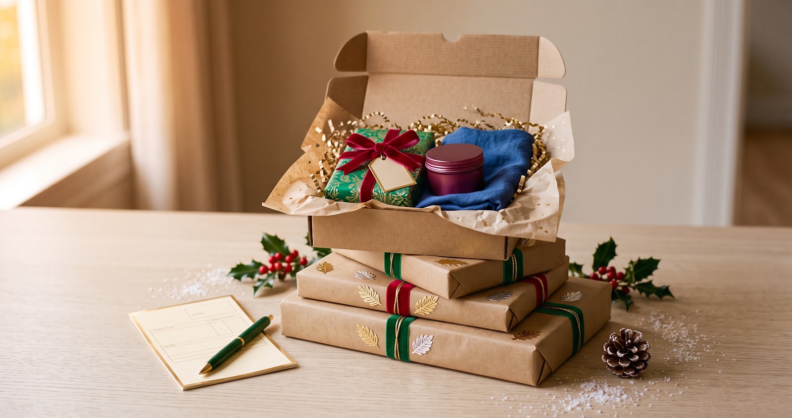 Kraft parcels on a counter beside a blank customs form and pen