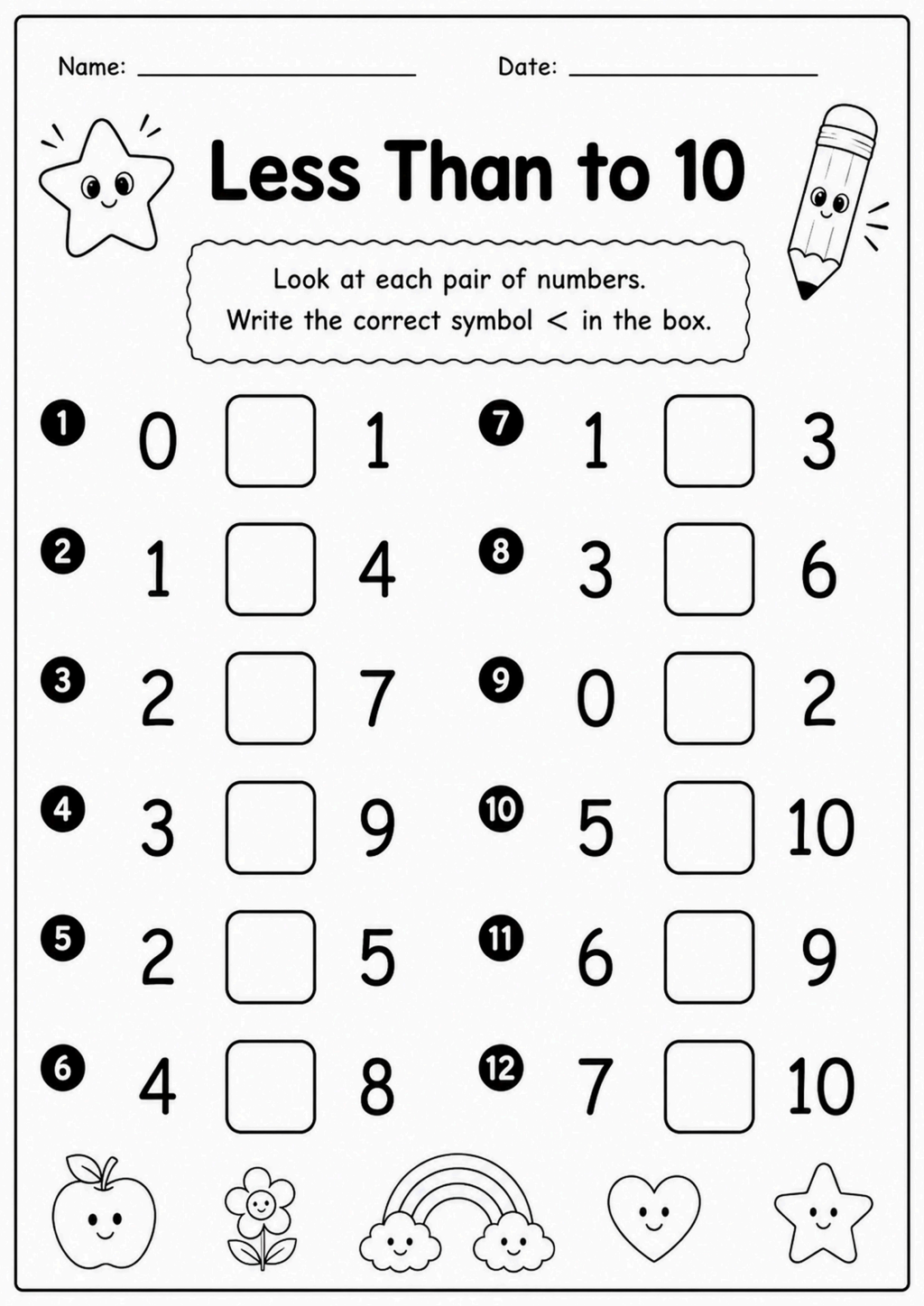 Less Than to 10 Worksheet
