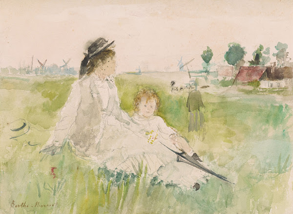 A Woman and Child Seated on the Grass 1875
